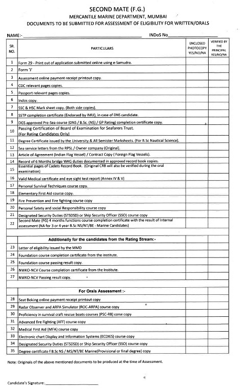 2nd Mate (F.G.) MMD Assessment Checklist - Mumbai