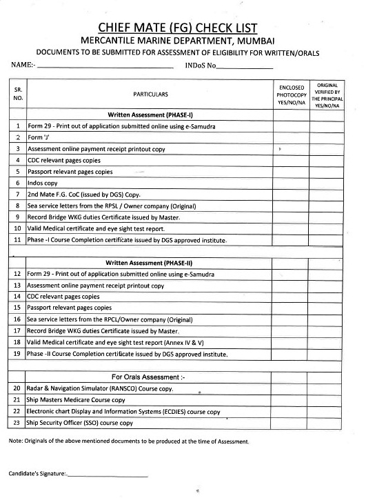 Chief Mate (F.G.) MMD Assessment Checklist - Mumbai